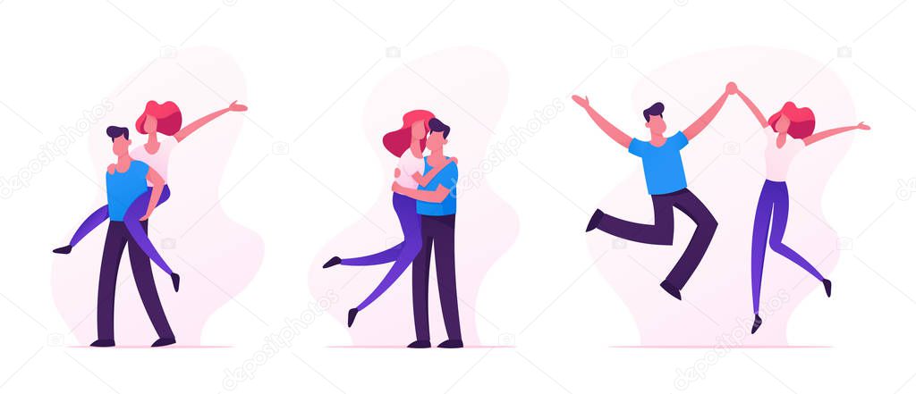 Set of Happy Loving Couples Sparetime, Cheerful Man and Woman Characters Spend Time Together, Hugging, Rejoice, Jumping with Hands Up, Human Relations, Togetherness, Cartoon Flat Vector Illustration