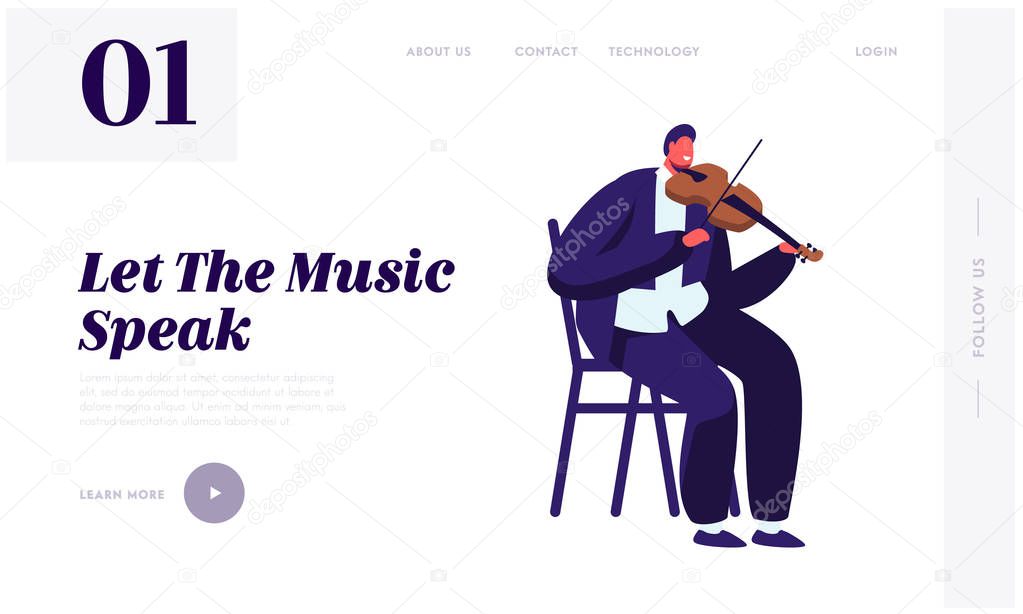 Violinist Playing on Violin Website Landing Page, Artist Practicing Music. Male Musician Character with Classic Instrument Preparing for Concert Web Page. Cartoon Flat Vector Illustration, Banner