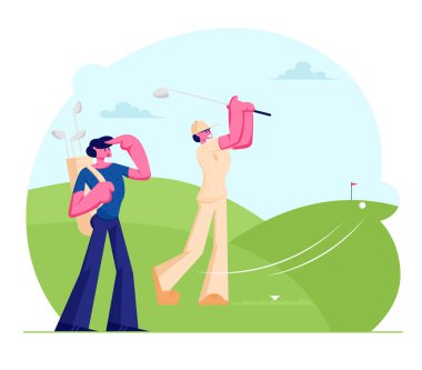 Yeşil Çim ile Golf Oynayan Üniformalı Genç Adam ve Kadın, Kız Deliğe Top Avurma, Spor Oyun Turnuvası, Yaz Boş Zaman Lüks Rekreasyon Relax. Karikatür Düz Vektör İllüstrasyon