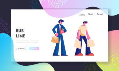 İnsanlar Otogar Web Sitesi Açılış Sayfasında Durun, Saatlerini Izleyen İşadamı, Alışveriş Çantalı Adam, Şehir Ulaşımı, Vatandaş Ulaşımı Web Sayfası. Karikatür Düz Vektör İllüstrasyon, Afiş