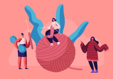 Büyük Clew Oturan Örgü İğneler ile Minik Kızlar. El Sanatları Hobi Konseptli Kadın Örgü, Kış Soğuk Zaman için Jumper olarak Örgü Sıcak Giyim, Ev İğne. Karikatür Düz Vektör İllüstrasyon