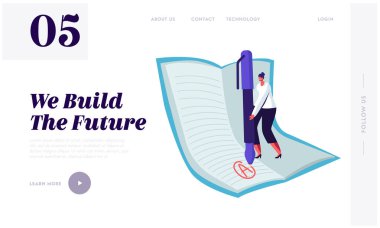 Eğitim, Web Sitesi Açılış Sayfası için Bilgi Kavramı. Büyük Kalem Tutan Kadın Öğretmen Not Defteri Sayfasına Mükemmel Bir İşaret Koydu. Eğitim, Okula Geri Web Sayfası Banner. Karikatür Düz Vektör İllüstrasyon