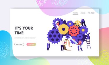 İnsanlar Kırık Saat Sabitleme ve İzle Web Sitesi Açılış Sayfası, Araçlar Onarım Büyük Dişliler ve Cogwheels Mekanizması ile Minik Erkek ve Kadın, Zaman Kavramı Web Sayfası. Karikatür Düz Vektör İllüstrasyon, Afiş