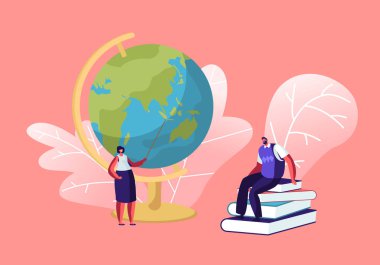 Kadın Öğretmen Sınıfta Globe'da Pointer ile Stand. Sınıf Ders Tescit Derslerinde Kitap Yığınının Üzerinde Oturan Erkek Öğretmen. Eğitim Süreci, Okula Dönüş Kavramı Karikatür Düz Vektör İllüstrasyon