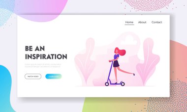 City Park Web Sitesi Açılış Sayfası Scooter Sürme Genç Kadın. Aktif Kız Enjoy Açık Hava Ride ve Sağlıklı Yaşam Tarzı Hareketli Web Sayfası Banner Karikatür Düz Vektör İllüstrasyon için Eko Ulaşım kullanarak