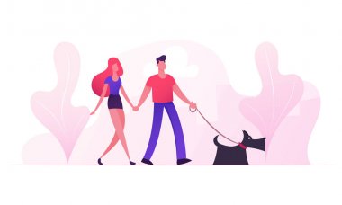 Sunny Summer Weather City Park'ta Köpekle Yürüyen Sevgi Dolu Çift. Genç Aile Pet Outdoors Leisure having ile oynuyor. Boş Zaman Aşk İnsan ve Hayvan İlişkileri. Karikatür Düz Vektör İllüstrasyon
