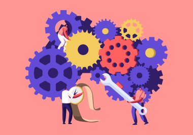 İnsanlar Kırık Saatler sabitleme ve İzle. Büyük Dişliler ve Cogwheels Mekanizması, Zaman Kavramı tamir araçları ve aletleri ile Merdivenler üzerinde Tiny Erkek ve Kadın Karakterler. Karikatür Düz Vektör İllüstrasyon