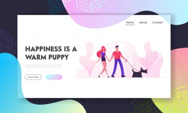 City Park Web Sitesi Açılış Sayfası Köpek ile Loving Çift Yürüyüş. Genç Aile Pet Outdoors Leisure having ile oynuyor. İnsan ve Hayvan İlişkileri Web Sayfası Afiş. Karikatür Düz Vektör İllüstrasyon