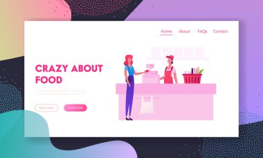 Süpermarket Web Sitesi Açılış Sayfası İnsanlar. Alışveriş Sepetinde Eşya lı Müşteri Markette Kasiyer Masası'nda Satıcının Satın Almalar Için Ödeme Web Sayfası Afişi ile Standı. Karikatür Düz Vektör İllüstrasyon
