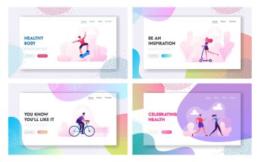 Spor Aktivite Web Sitesi Açılış Sayfası Seti. Man Sürüş Bisiklet, Teen Kaykay Stunts, İnsanlar Park Çalışan, Kadın Scooter Sağlıklı Lifestyle Web Sayfası Banner Sürme. Karikatür Düz Vektör İllüstrasyon