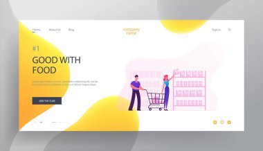 Mutlu Çift Mağaza Web Sitesi Açılış SayfasındaN Alışveriş Yapıyor. Dükkan Raf Man Itme Alışveriş Sepeti Ürünleri Alarak Kadın. İnsanlar Süpermarket Web Sayfası Banner ziyaret edin. Karikatür Düz Vektör İllüstrasyon