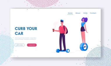 İnsanlar Modern Transporters Web Açılış Sayfası Sürme. Hoverboard veya Kendinden dengeleme Kurulu, Elektrik Unicycle, Motorlu Kick Scooter Eko Ulaşım Web Sayfası Banner. Karikatür Düz Vektör İllüstrasyon