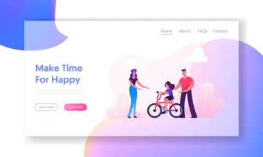 Happy Aile Açık Hava Etkinliği Web Sitesi Açılış Sayfası olması. Şehir Parkı'nda Çocuğa Bisiklet Sürme yi öğreten ebeveynler. Anne Baba ve Kızı Hafta sonu Web Sayfası Banner. Karikatür Düz Vektör İllüstrasyon