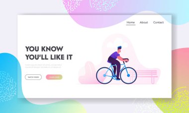 Bisiklet Eko Ulaşım Web Sitesi Açılış Sayfası. Man Bisikletçi Binicilik Bisiklet Açık Şehir Parkı'nda. Aktif Spor Yaşam ve Sağlıklı Yaşam Etkinliği. Bike Rider Web Sayfası Banner Karikatür Düz Vektör İllüstrasyon