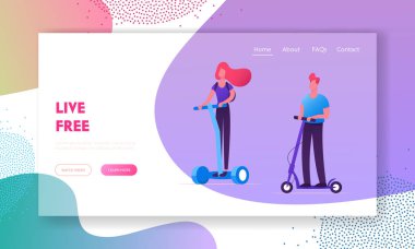 Eko Ulaşım Web Sitesi Açılış Sayfası. İnsanlar Modern Transporters Hoverboard veya Self-balancing Board, Elektrik Unicycle, Motorize Kick Scooter Web Sayfası Banner Sürme. Karikatür Düz Vektör İllüstrasyon