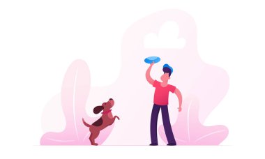 Dachshund Köpek Outdoors ile Çocuk Yürüyüş. Summertime Park Rahatlatıcı Pet Harcama Zaman ile Frizbi Oynamak Erkek Karakter. Boş zaman, Ev Hayvanı ile iletişim. Karikatür Düz Vektör İllüstrasyon