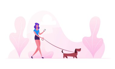 Summertime'da Dışarıda Köpekle Yürüyen Kadın. Park Rahatlatıcı Dachshund Pet ile Kadın Karakter Harcama Zaman, Köpek yavrusu ile Leisure, Hayvan Karikatür Düz Vektör İllüstrasyon ile İletişim