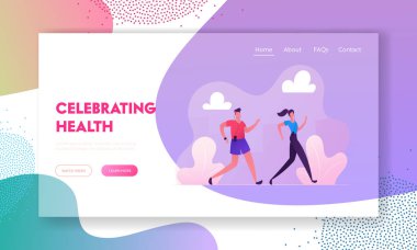 Mutlu Çift Koşu Web Sitesi Açılış Sayfası. Doğa Arka Plan Şehir Maratonu. Yaz Doğa Sporları Aktivite Koşu ve Spor Sağlıklı Yaşam Web Sayfası Banner. Karikatür Düz Vektör İllüstrasyon