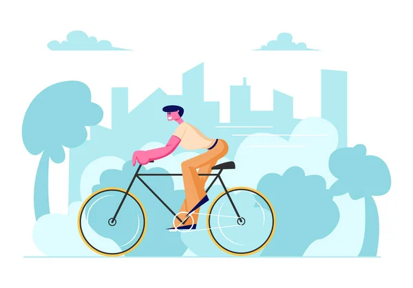 도시 경관 배경에 여름 날에 야외에서 자전거를 타고 남자 자전거. 자전거 활성 스포츠 생활과 건강한 라이프 스타일 활동, 마을에서 생태 전송, 자전거 라이더 만화 플랫 벡터 일러스트 — 스톡 벡터