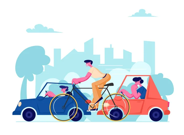 シティライフトラフィック。スピードウェイで車や自転車として異なる交通機関を運転する人々。都市景観の背景にサイクルと自動車に乗る男性の文字。漫画フラットベクトルイラスト — ストックベクタ