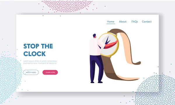 時間管理と先延ばしウェブサイトのランディングページ、手に巨大な時計を保持する小さな男。クロック Web ページを使用したビジネス ソリューションの計画と戦略。漫画フラットベクトルイラストバナー — ストックベクタ