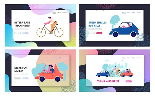 Міський трафік веб-сайт набір цільових сторінок, люди водіння різних видів транспорту, як автомобілі та велосипеди на дорозі, велосипед і транспорт веб-сторінки. Мультфільм плоский Векторна ілюстрація, банер — стоковий вектор