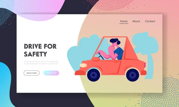 Driver Riding Auto Website Landing Page, City Traffic, Man Driving Red Car, Transport on Speedway, Urban Male Character Riding Automobile in Town Web Page (dalam bahasa Inggris). Ilustrasi Vektor Flat Kartun, Banner - Stok Vektor