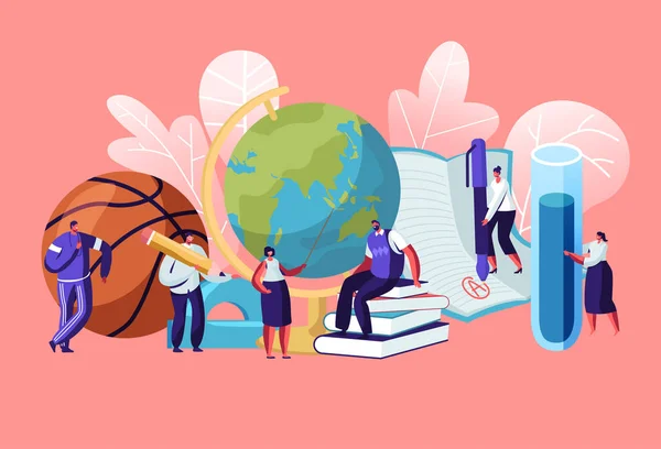 Teachers Characters with Educational Tools and Stationery as Ball Globe Books. Different Disciplines as Geography, Physical Culture, Chemistry, Literature, Language Cartoon Flat Vector Illustration