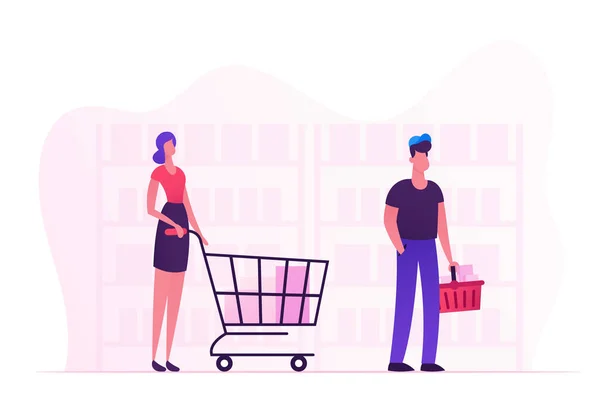 Personagens masculinos e femininos com cestas de compras em pé na fila na loja. Clientes com produtos em fila Movendo-se para o balcão de caixa na mercearia ou supermercado. Desenhos animados ilustração vetorial plana — Vetor de Stock