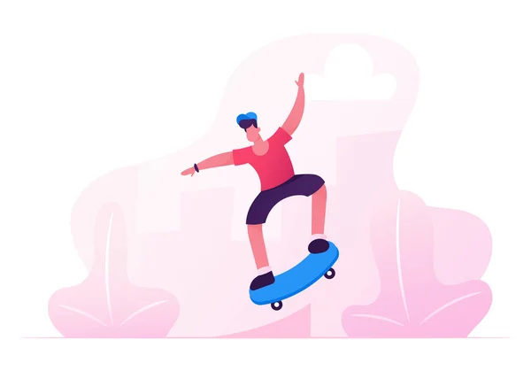 Ragazzo in Abbigliamento Moderno e Cap Jumping su Skateboard. Skateboarder Maschio Personaggio Attività all'aperto. Skateboard Persone che fanno acrobazie a bordo in Skatepark. Illustrazione del vettore piatto del fumetto — Vettoriale Stock