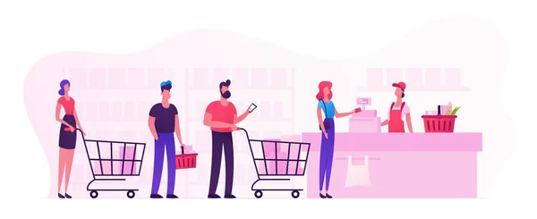Customers Stand in Line at Grocery or Supermarket Turn with Goods in Shopping Trolley Put Buys on Cashier Desk for Paying. Purchases, Sale Consumerism, Queue in Store Cartoon Flat Vector Illustration