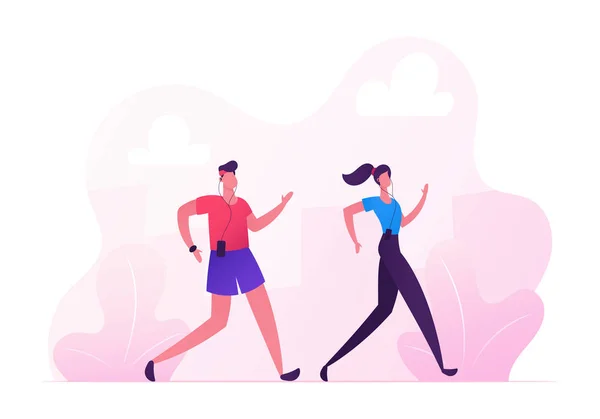 Pareja feliz hombre y mujer en el desgaste deportivo corriendo maratón de la ciudad en el fondo del paisaje de la naturaleza. Actividad deportiva al aire libre de verano. Correr y Deporte Vida Saludable. Dibujos animados plana Vector Ilustración — Vector de stock