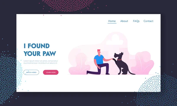 Man Playing with Dog on Street Website Landing Page. Male Character Spend Time in Park Having Leisure with Domestic Animal. Dog Giving Paw to Owner Web Page Banner. Cartoon Flat Vector Illustration
