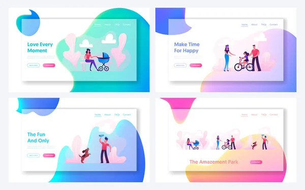 Sommartid utomhus aktivitet webbplats landningssida set. Människor går i parken, kvinna med barnvagn, föräldrar lär barn ridning cykel, pojke med hund webbsida banner tecknad platt vektor illustration — Stock vektor