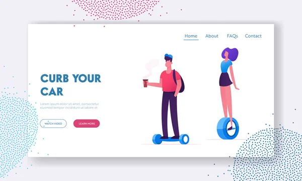 İnsanlar Modern Transporters Web Açılış Sayfası Sürme. Hoverboard veya Kendinden dengeleme Kurulu, Elektrik Unicycle, Motorlu Kick Scooter Eko Ulaşım Web Sayfası Banner. Karikatür Düz Vektör İllüstrasyon