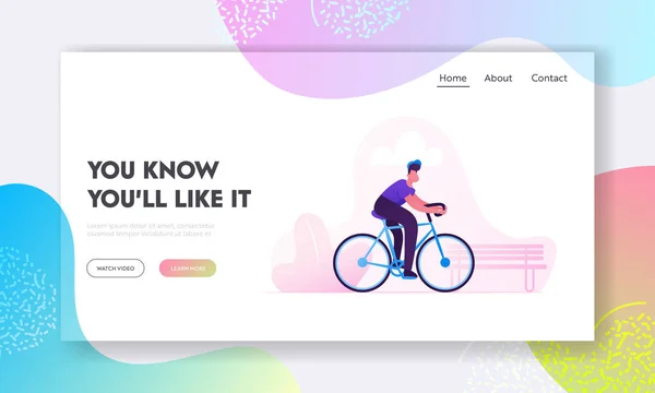 Bicicleta Eco Transporte Site Landing Page. Bicicleta de equitação ciclista homem ao ar livre no parque da cidade. Atividade Esporte Vida e Estilo de Vida Saudável Atividade. Bicicleta Rider Web Page Banner Desenhos animados ilustração vetorial plana — Vetor de Stock