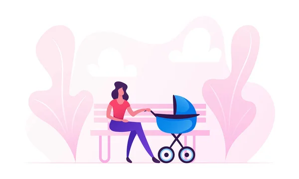 シティパークでベビーカーの子どもと一緒にベンチに座っている若い女性。新生児の子供と一緒に歩く母は、レジャーを持って屋外で時間を過ごします。マタニティ子供時代の漫画フラットベクトルイラスト — ストックベクタ