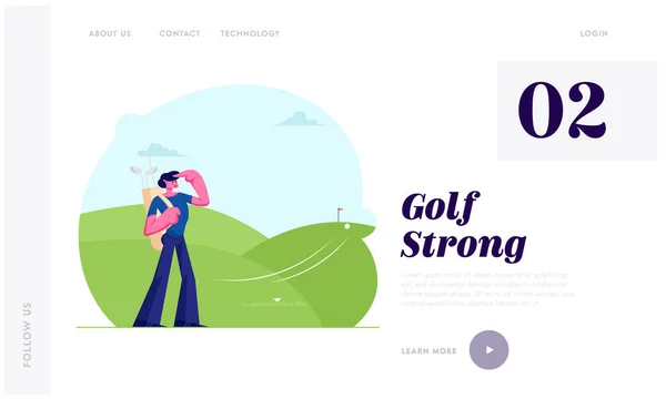 Homem com Equipamento Profissional Jogando Golf Site Landing Page, Ball Flying to Hole. Sport Game, Torneio, Recreação de Verão, Competição de Golfe. Página Web. Desenhos animados Flat Vector Ilustração, Banner — Vetor de Stock