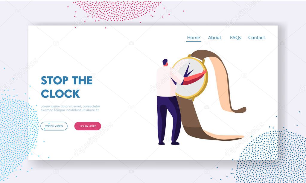 Time Management and Procrastination Website Landing Page, Tiny Man Holding Huge Watch in Hands. Planning and Strategy for Business Solution with Clock Web Page. Cartoon Flat Vector Illustration Banner