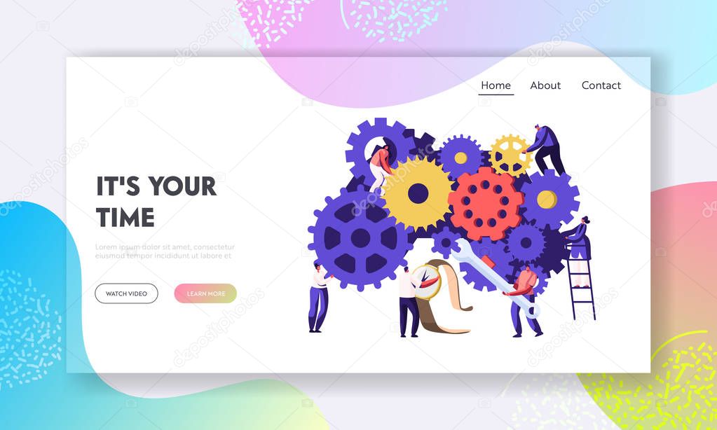 People Fixing Broken Clock and Watch Website Landing Page, Tiny Men and Women with Tools Repair Huge Gears and Cogwheels Mechanism, Time Concept Web Page. Cartoon Flat Vector Illustration, Banner