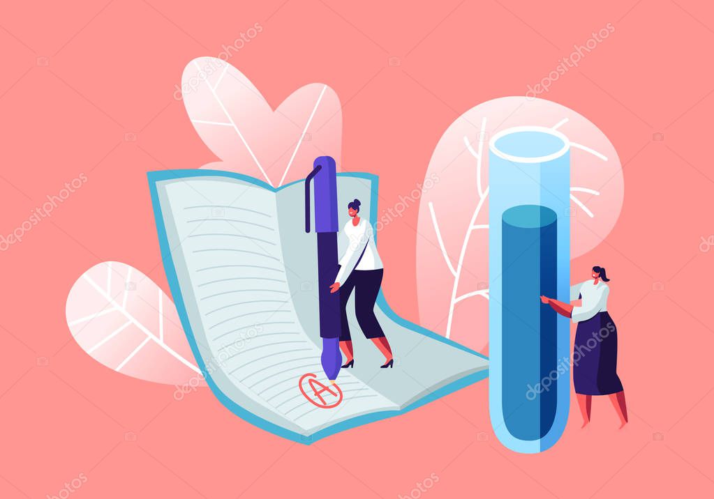 Young Woman Teacher of Chemistry Holding Huge Flask for Class Experiences on Lesson. Tutor Put Excellent Mark on Notebook Page. Back to School Studying Education. Cartoon Flat Vector Illustration