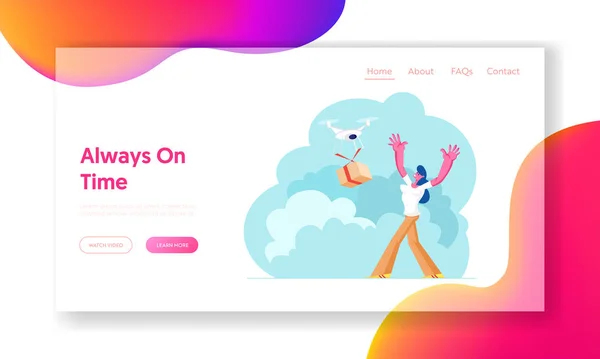 Drone mail service webbplats landningssida. Kvinna som fångar paket sjöfart med flyg. Quadcopter leverera Box till konsument — Stock vektor
