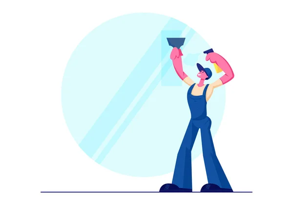 Serviço de limpeza, personagem masculino vestindo macacão uniforme azul limpador de janela de lavagem e pulverizador de água — Vetor de Stock