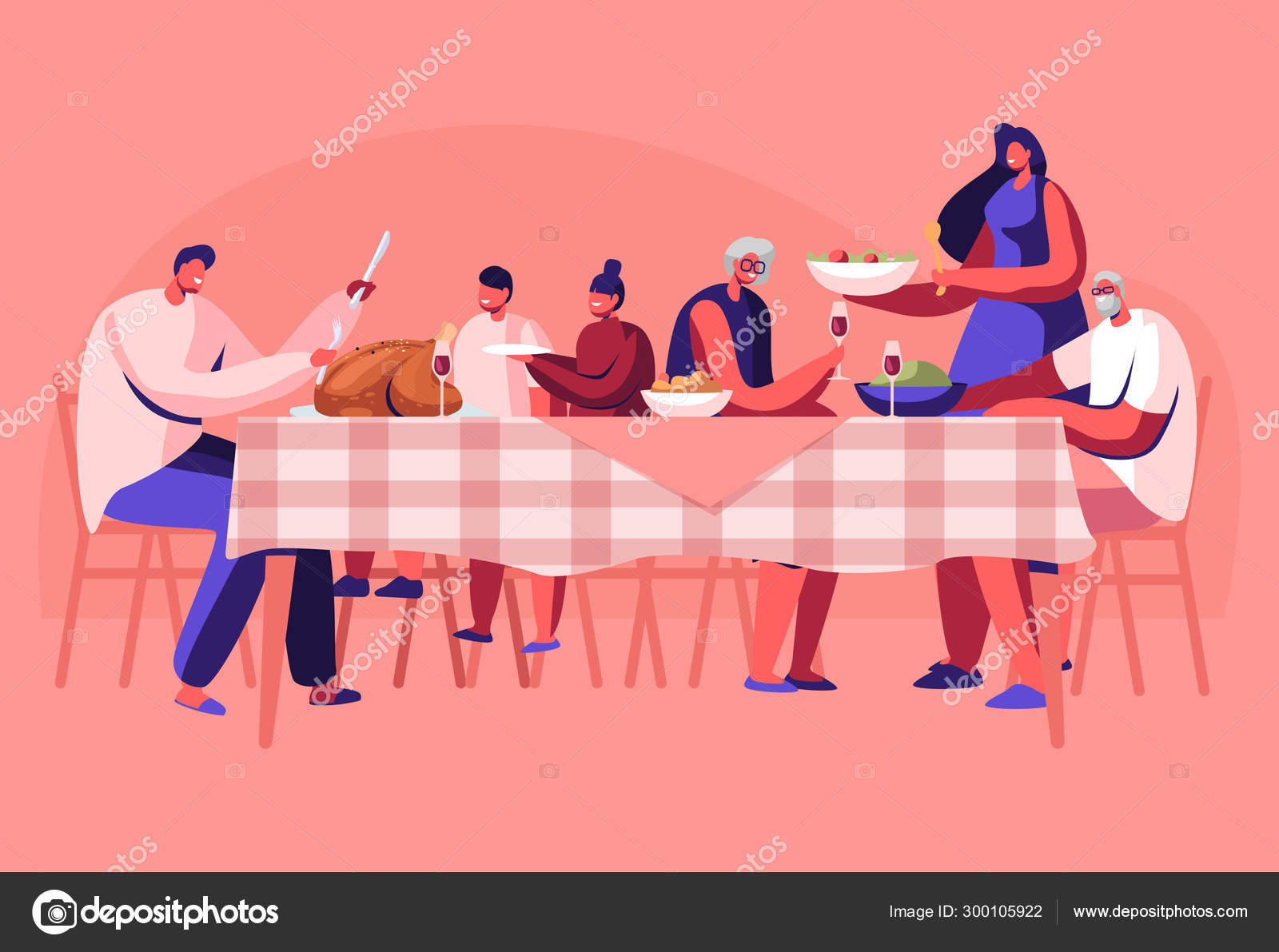 Big Family Thanksgiving Celebration Dinner Around Table with Food. Happy  People Eating Meal and Talking Together, Cheerful Characters Group During  Festive Lunch. Cartoon Flat Vector Illustration Stock Vector Image by  ©vectorlab #300105922