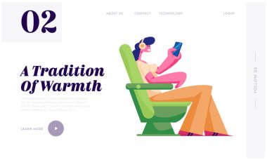 Havayolu Taşımacılığı Hizmeti Web Sitesi Açılış Sayfası. Genç Kadın Uçakla Seyahat Ediyor, Sandalyede Müzik Dinliyor. Uçak Web Sayfası Banner ile Yolcu Seyahat. Karikatür Düz Vektör İllüstrasyon