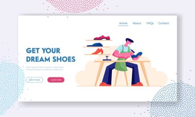 Footgear Onarım Servisi Web Sitesi Açılış Sayfası. Ayakkabıcı Rafta Ayakkabı Standı ile Atölyede İşyeri Tamir Ayakkabı oturan. Man Hammering Boot Web Sayfası Afiş. Karikatür Düz Vektör İllüstrasyon