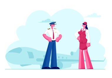 Havacılık Aircrew Karakterler Pilot Arms Akimbo ve Hostes Uçan Jet Uçağı Arka Plan ile Havaalanında Poz Üniforma Giyen. Hava Hostes Servis Personeli Konsept Karikatür Düz Vektör İllüstrasyon
