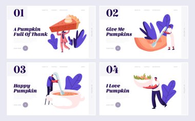 Kabak Ev Yemekleri Menüsü Web Sitesi Açılış Sayfası Seti. Tiny Erkek ve Kadın Karakterler Pişirme ve Geleneksel Şükran Günü Pasta, Lapa ve Çorba Web Sayfası Banner Karikatür Düz Vektör İllüstrasyon Yeme