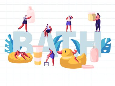 Banyo Konsepti'ndeki insanlar. Tiny Karakterler Yıkama ve Büyük Kozmetik Şişeler Sabun Şampuan arasında Banyo Alarak. Spa Hijyen Prosedürleri Afiş Afiş Broşürü. Karikatür Düz Vektör İllüstrasyon