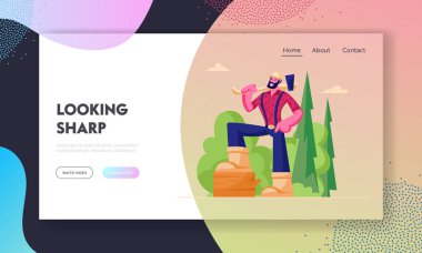 Lumberjack Meslek Web Sitesi Açılış Sayfası. Omuz üzerinde Balta Tutan Ekose Gömlek Sakallı Adam, Çalışma Ekipmanları Poz Web Sayfası Afiş ile Kereste Oduncu İşçi. Karikatür Düz Vektör İllüstrasyon